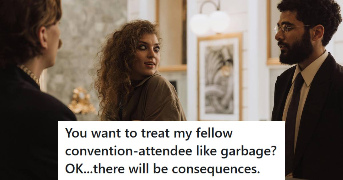 Woman trying to reason with the hotel clerk as another guest checks out