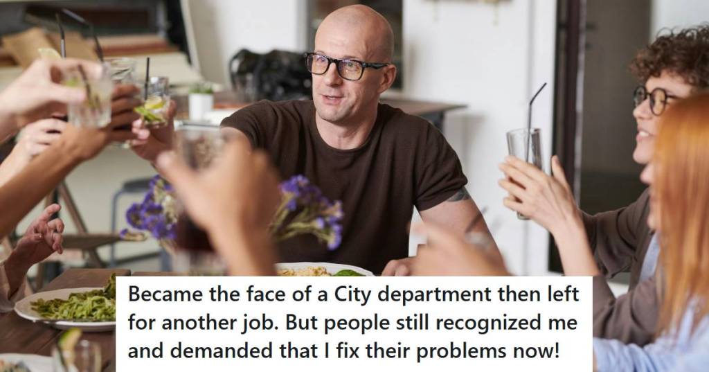 Bald man wearing glasses, eating dinner with his family