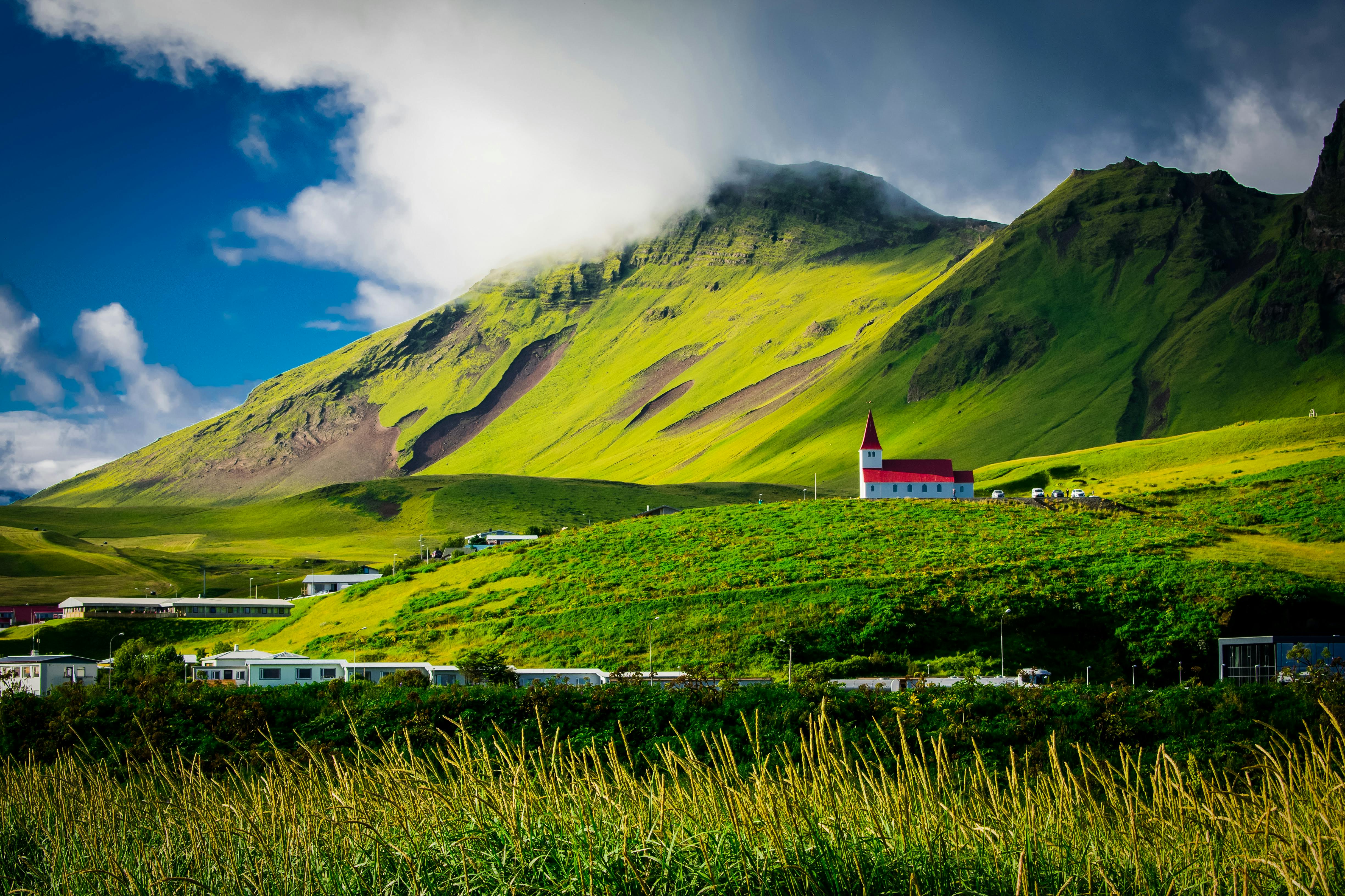A rural church on a hill in Iceland