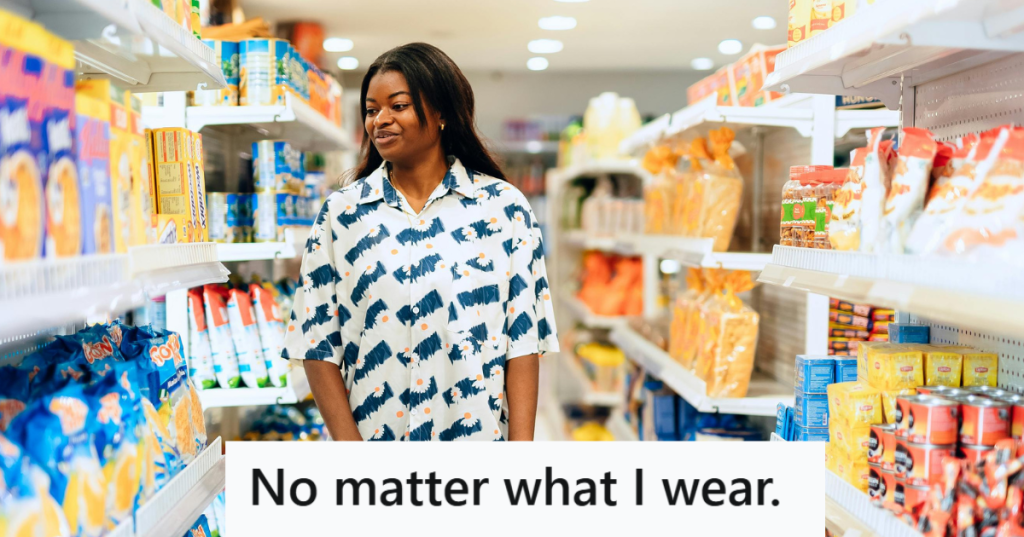 Woman in grocery store pushing her cart