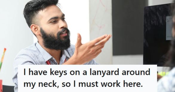 Man talking to a friend about wearing his keys on a lanyard at the store