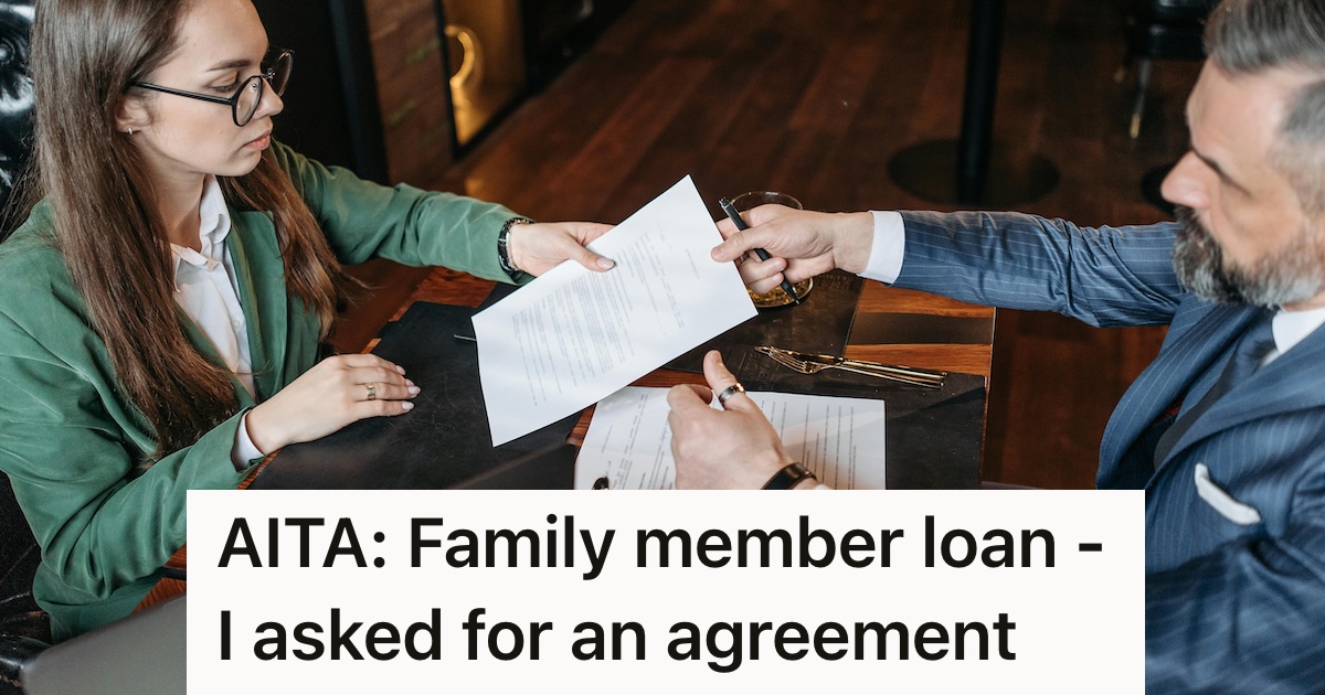 He Wrote Up A Loan Agreement For His Sister In Law Who Asked For A Short Term Loan, But She Didnt Like The Idea Of Signing A Contract Or Paying Interest Man handing papers to a woman