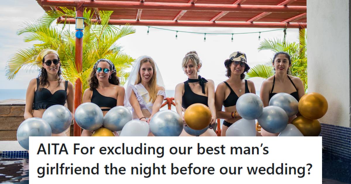 Wedding party sitting in a pool holding blue and gold balloons