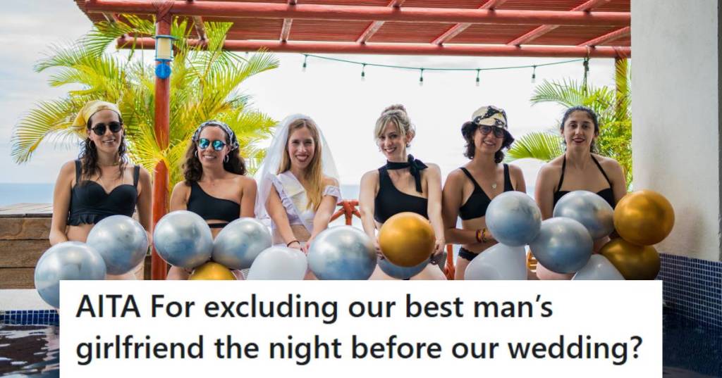 Wedding party sitting in a pool holding blue and gold balloons