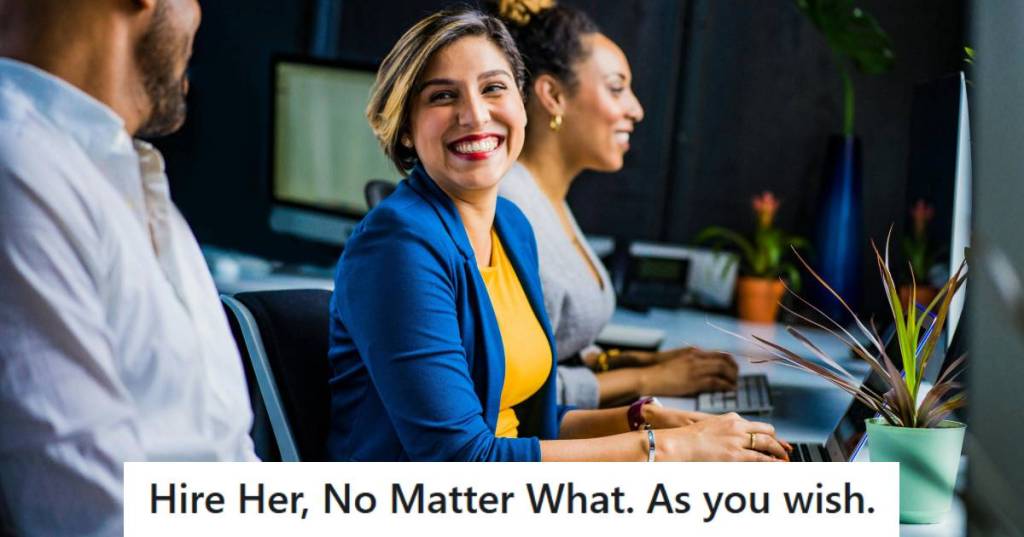 Hiring manager talking with her employee and smiling as she maliciously complies