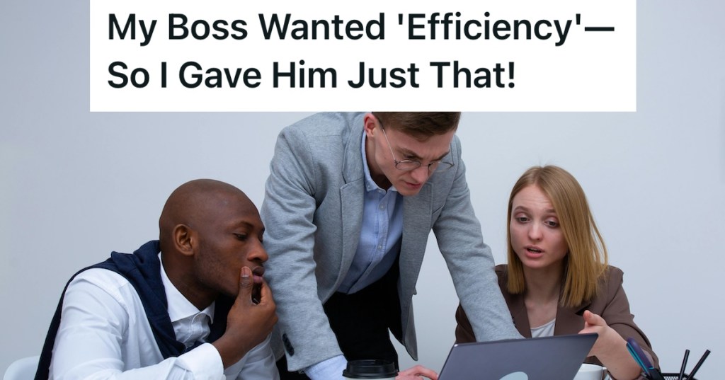 Three office employees looking at a laptop while talking