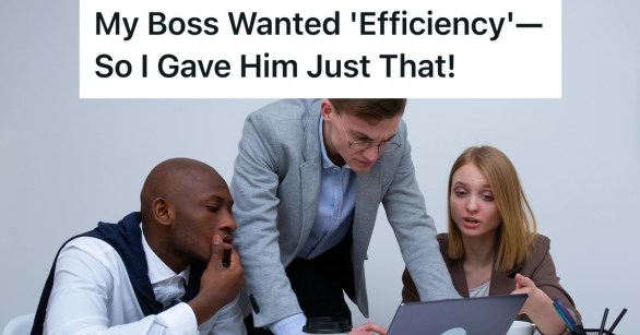 Three office employees looking at a laptop while talking