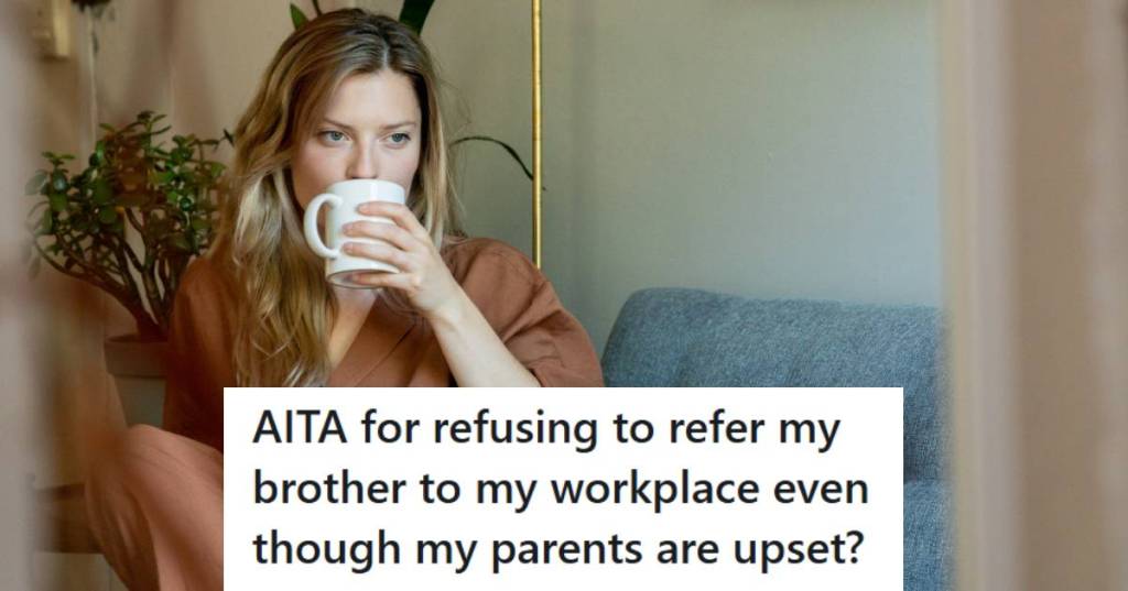 Young blonde-haired woman drinking coffee and thinking about her decision to not help