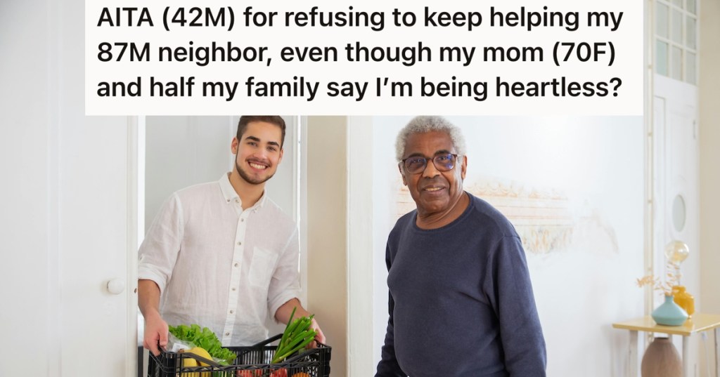 Man holding groceries for an older man