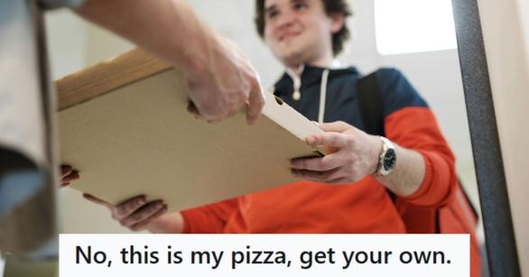 Neighbor trying to take his pizza box out of his hand