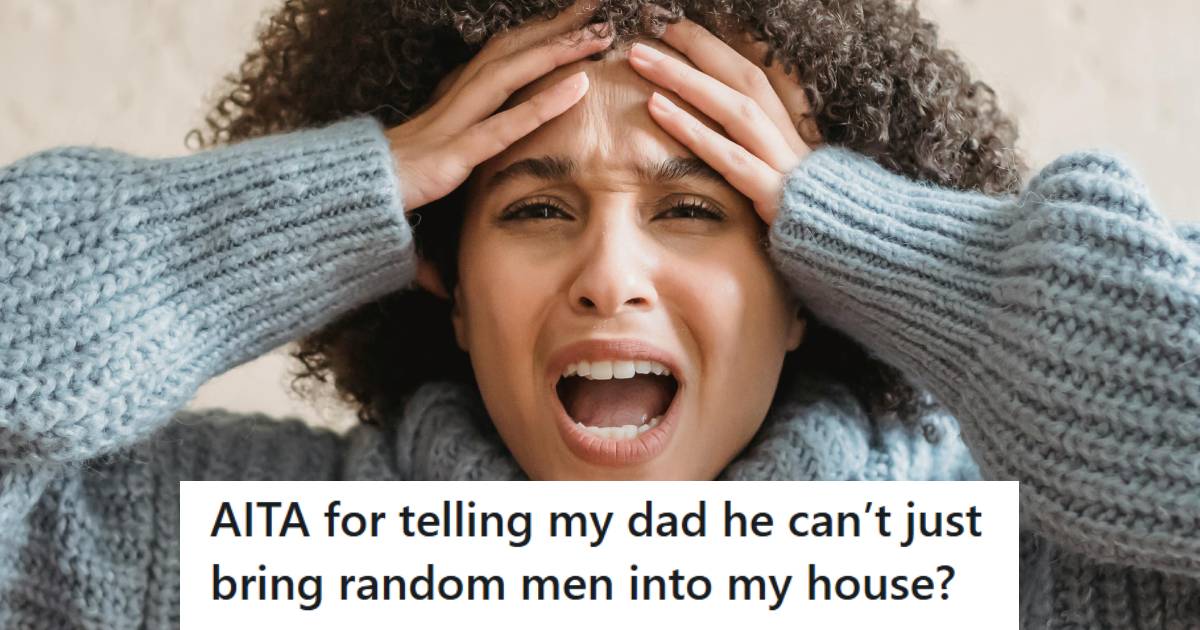 Woman holding her face because she can't believe her father's actions. 