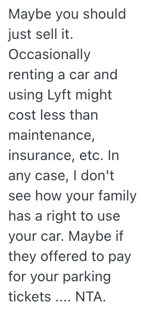 Screenshot 2025 10 01 at 11.37.53 AM A Car Owner Keeps Her Vehicle Parked At Work Because Its More Convenient, But Her Family Members Are Pressuring Her To Park It At Home So They Can Use It