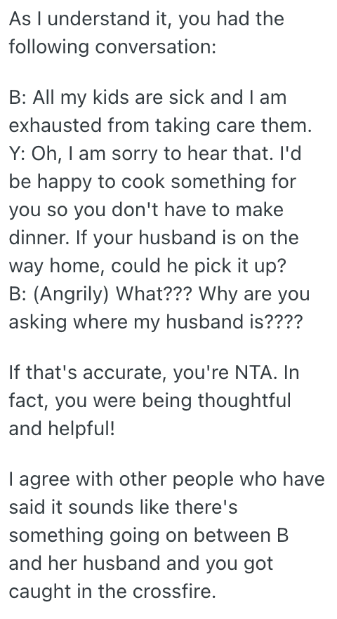 Screenshot 2025 10 09 at 4.08.23 PM Mom Cooks Her Best Friend A Meal To Help Her Out While Shes Sick, But Her Asking The Husband To Come Pick It Up Got Construed As Cheating