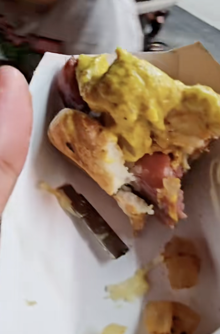 a half-eaten hot dog