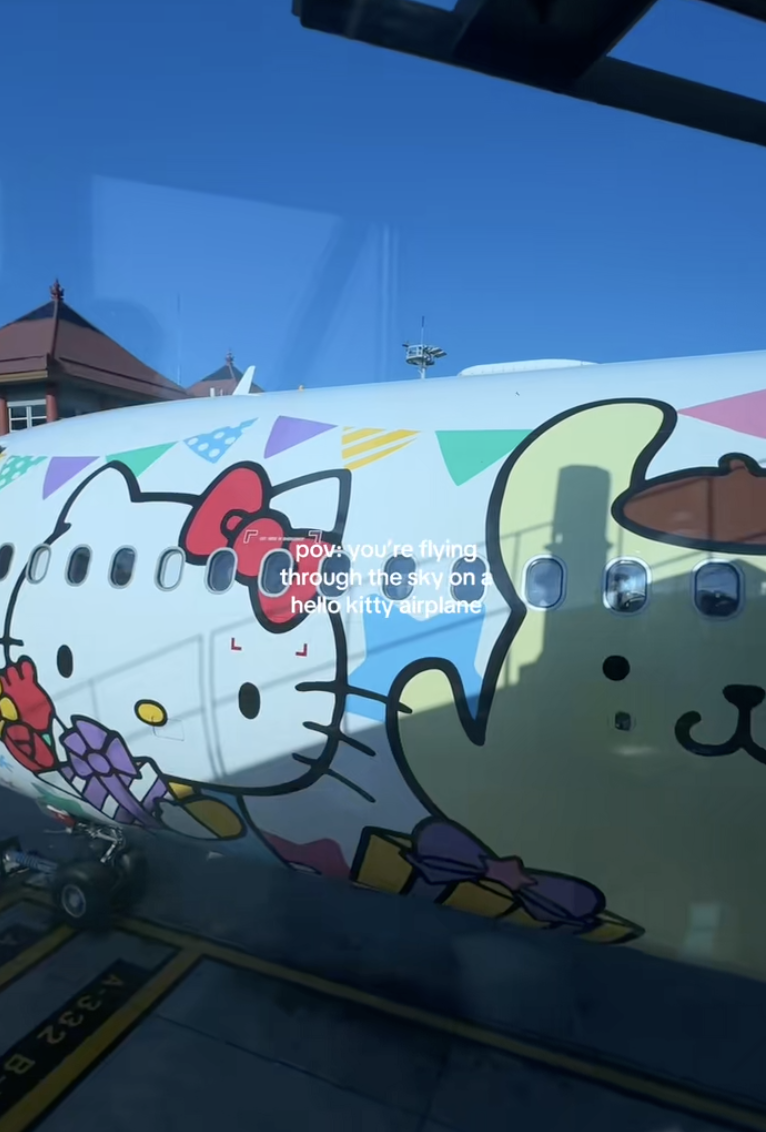 hello kitty plane on a runway