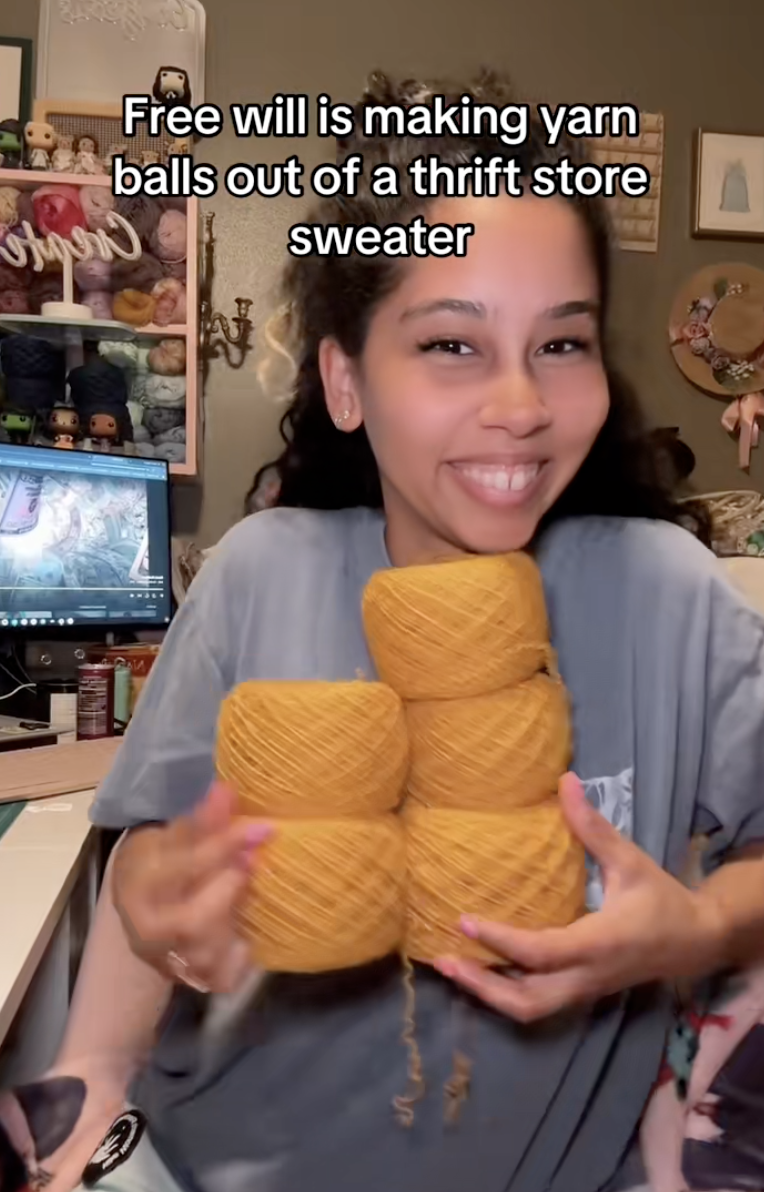 Screenshot 2025 10 23 at 9.34.58 AM Goodwill Shopper Shared How She Makes Yarn Out of Old Sweaters She Buys