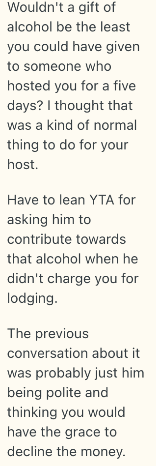 Screenshot 2025 10 30 at 6.28.41 AM A Traveler Bought Booze And Shared It With The Friend He Stayed With In Another Country, And Now He Wants His Friend To Pay For Half