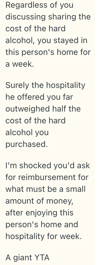 Screenshot 2025 10 30 at 6.28.50 AM A Traveler Bought Booze And Shared It With The Friend He Stayed With In Another Country, And Now He Wants His Friend To Pay For Half