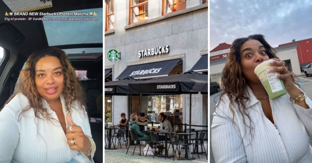 Woman trying Starbucks protein drink