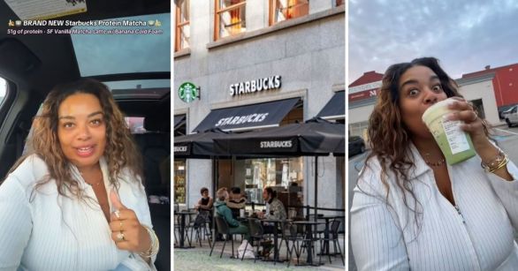 Woman trying Starbucks protein drink