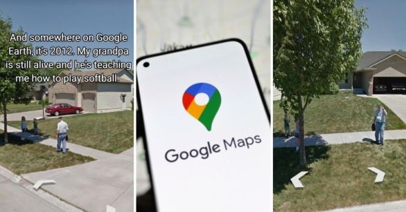 Street view of grandpa playing catch.