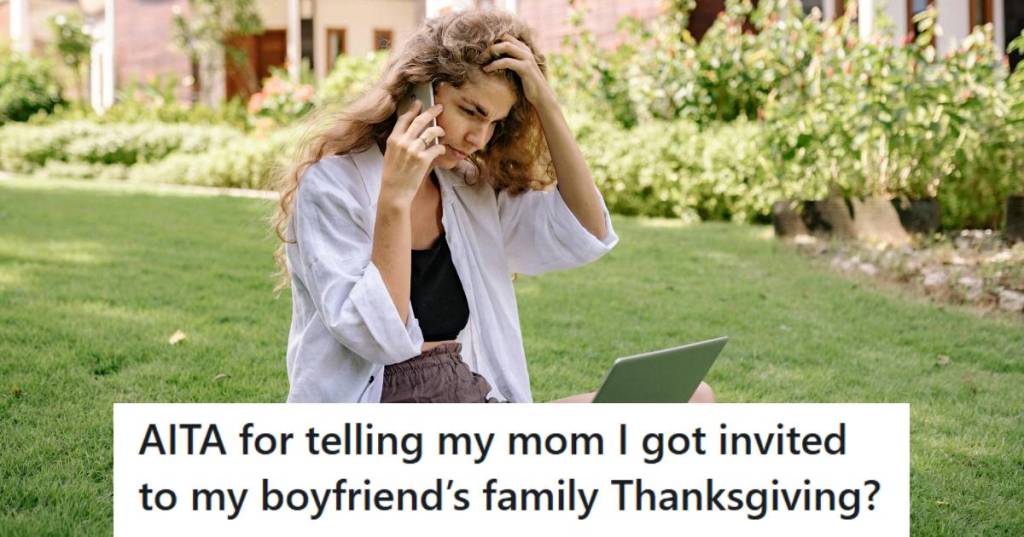 Woman sitting at college in the yard talking to her mother on the phone