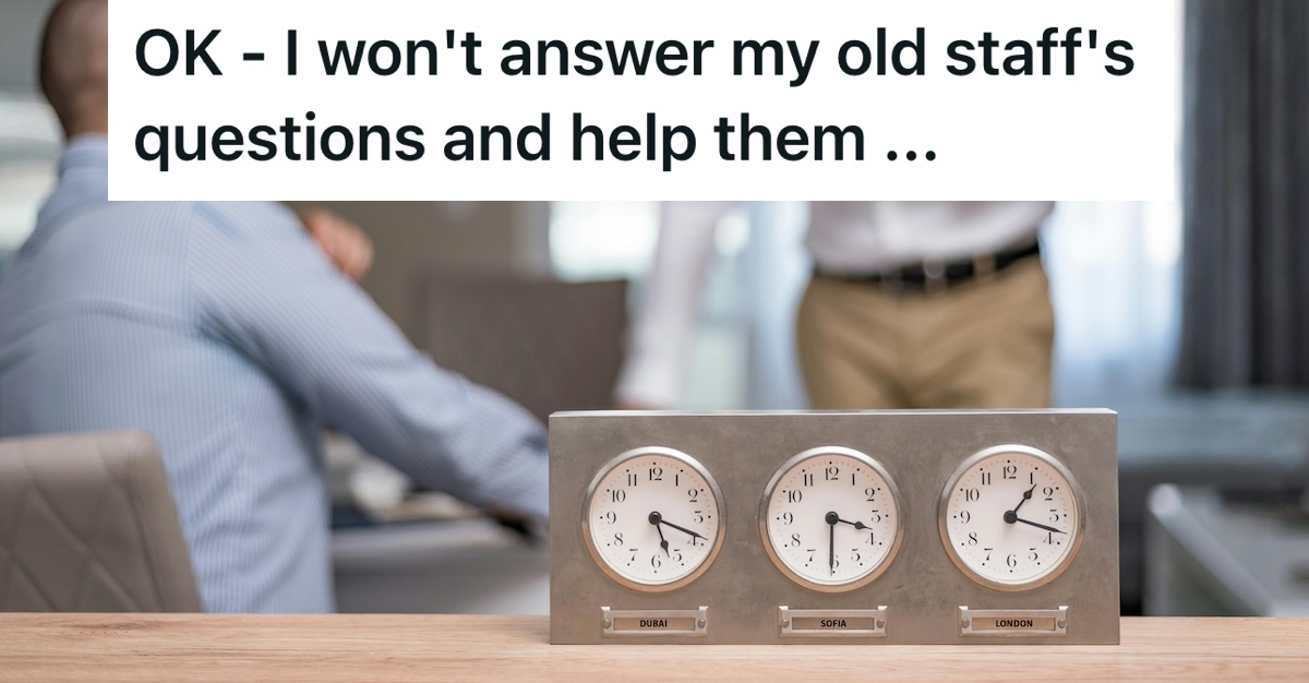 Multi-time zone clock in the foreground of an office