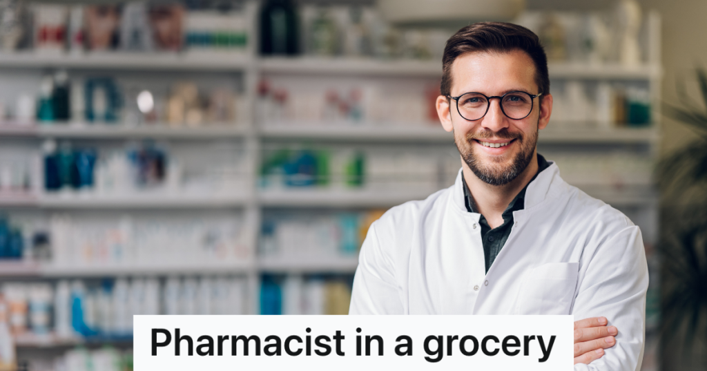 smiling male pharmacist in white coat and glasses