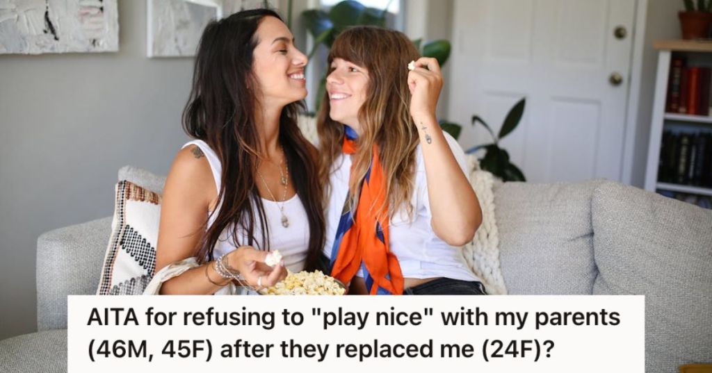 A couple happily eating popcorn