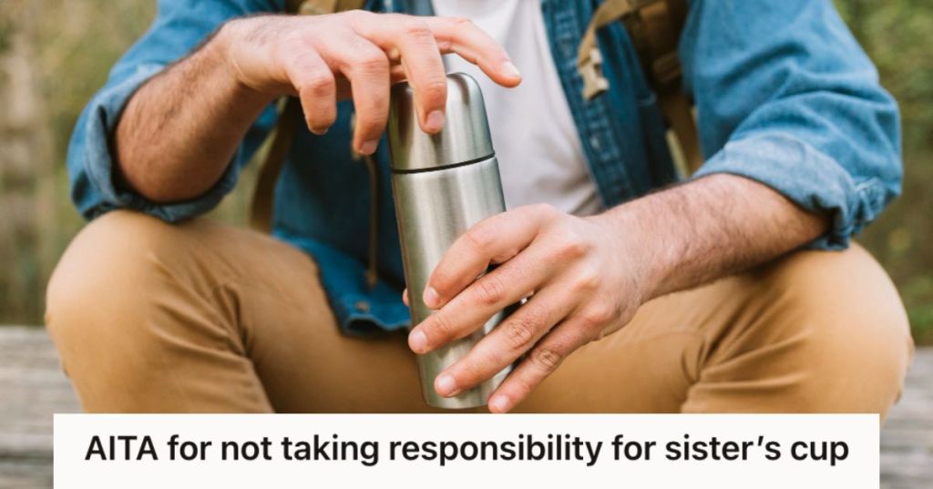 Man with a backpack carrying a stainless steel tumbler