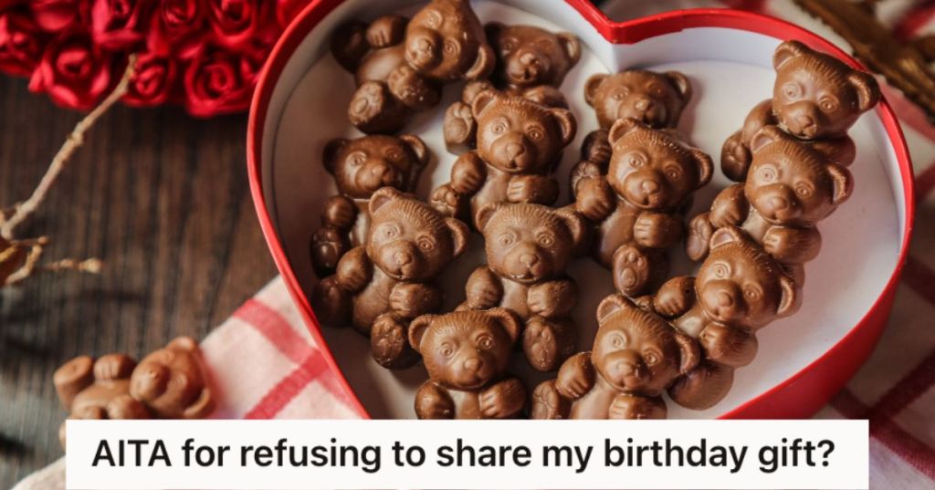 Teddy bear chocolates inside a heart-shaped box