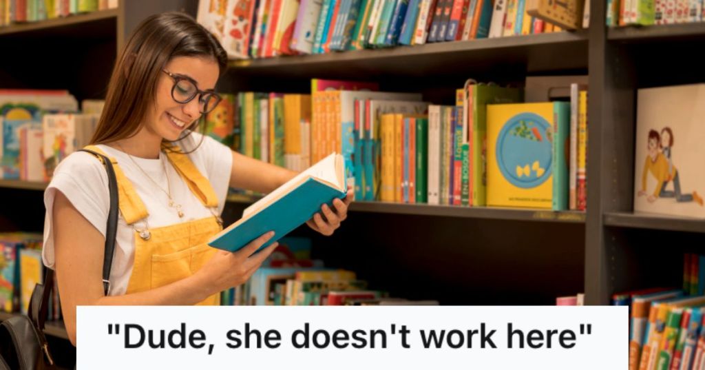 Woman happily reading a book in a library