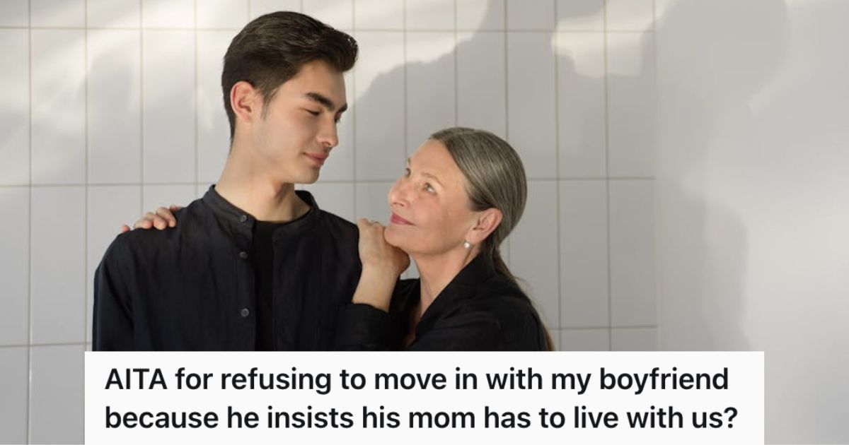 Man and his mom being sweet and close together