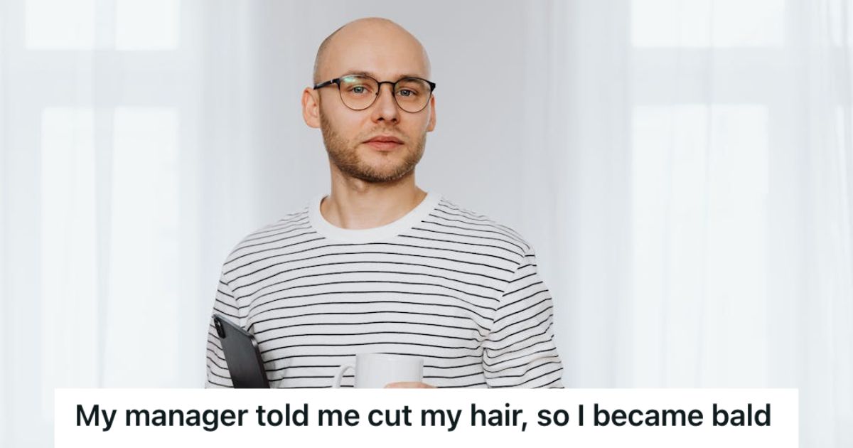 His Manager Instructed Him To Cut His Hair Short, So This Employee Decided To Comply In The Most Unexpected Way To Prove A Point Bald employee holding his laptop and a cup of coffee