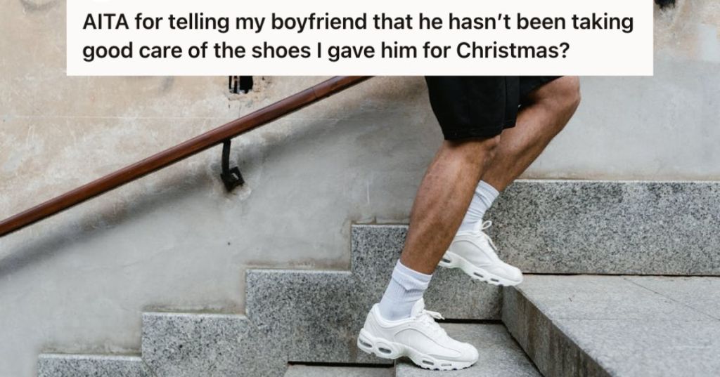 Man wearing white rubber shoes and climbing up the stairs