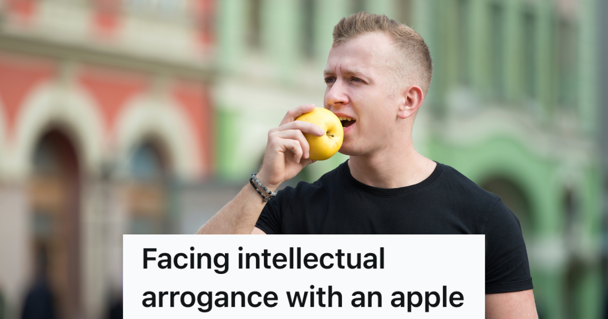 Man Doesnt Want To Let His Arrogant Friend Criticize How Hes Eating An Apple, So He Chooses His Words Carefully man eating an apple outside
