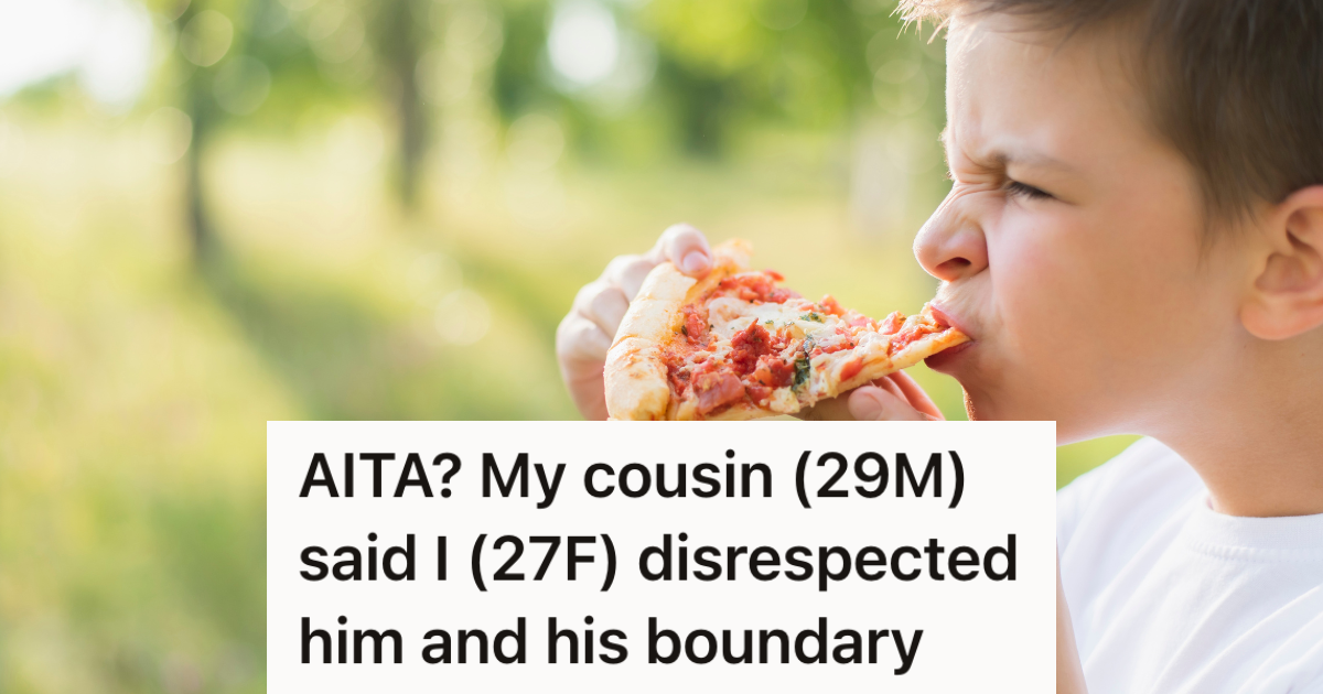 Little Cousin Refuses To Eat Pizza Because Its Not The Right Kind, So His Older Cousins Argue About How To Get Him To Eat boy eating pizza outside