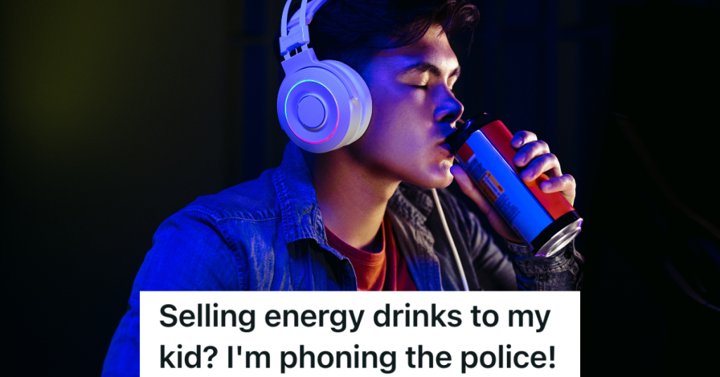 teenage boy wearing headphones and drinking an energy drink
