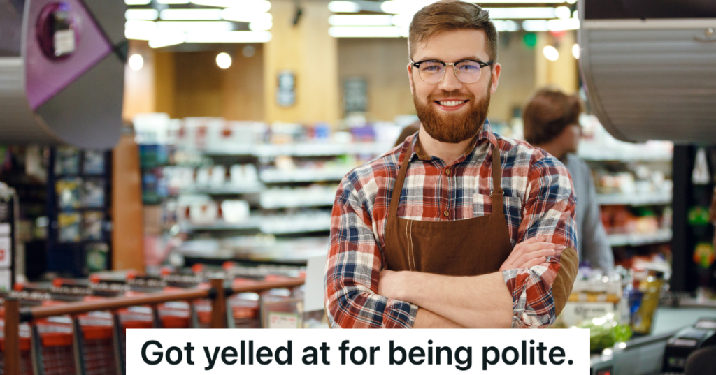 smiling man in apron at grocery store