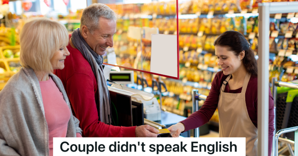 older couple paying cashier