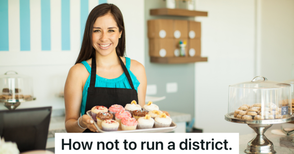 smiling woman at bakery holding tray of cupcakes