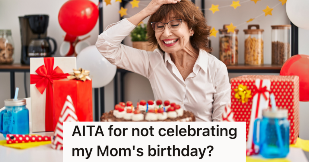 older woman with birthday cake and presents
