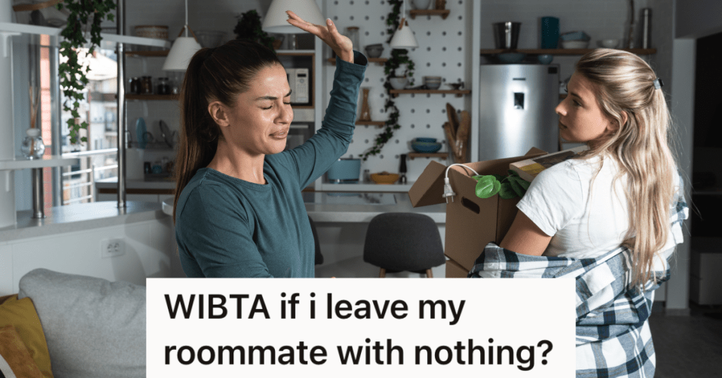 one woman holds moving boxes while another woman looks upset