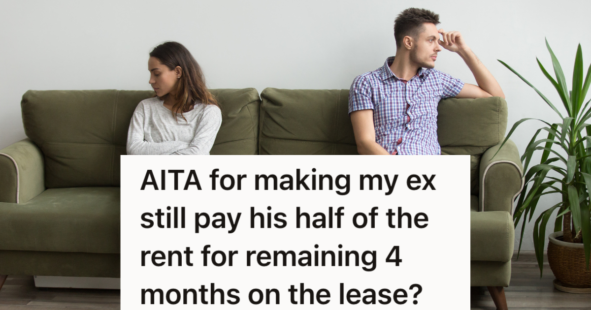 Her Boyfriend Broke Up With Her And Moved Out, But She Cant Afford To Pay The Rent On Her Own man and woman sitting on opposite sides of a couch looking away from each other