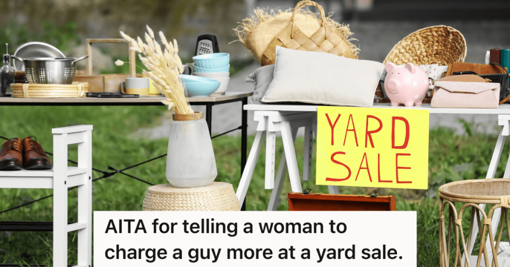 table with eclectic assortment of items and a sign that reads "yard sale"
