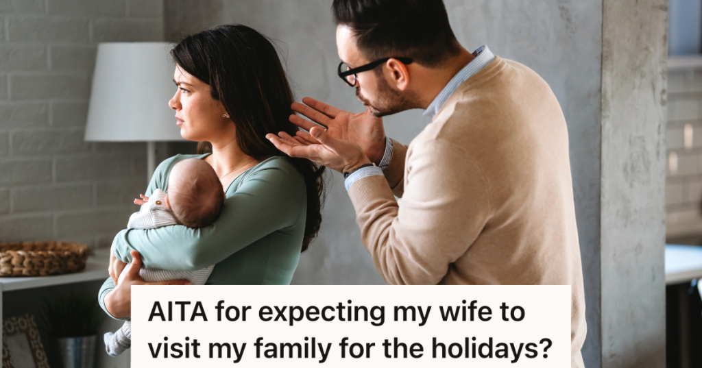 man yelling at upset woman holding baby