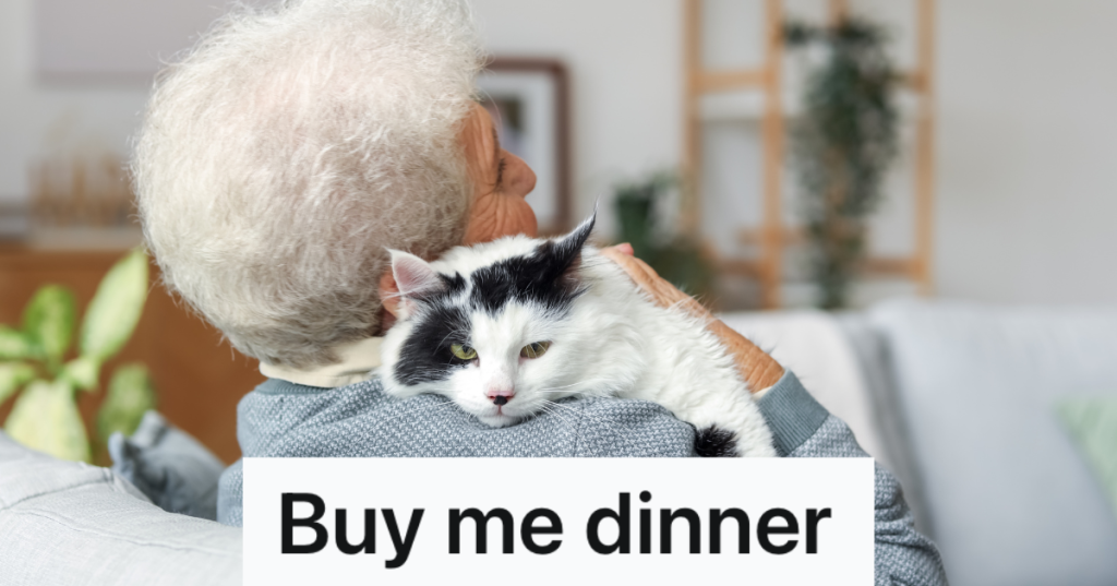 elderly woman holding a black and white cat