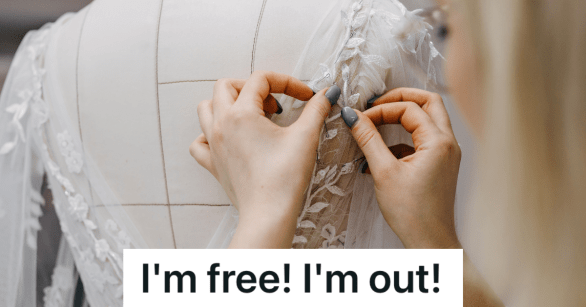 closeup of woman sewing wedding dress by hand