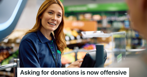 smiling cashier talking to customer