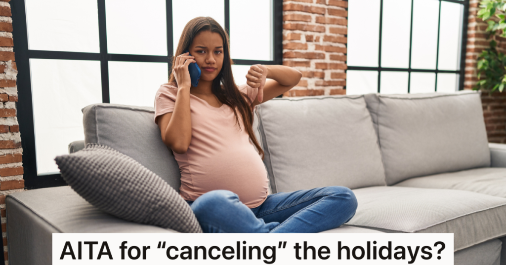 pregnant woman talking on phone and giving thumbs down
